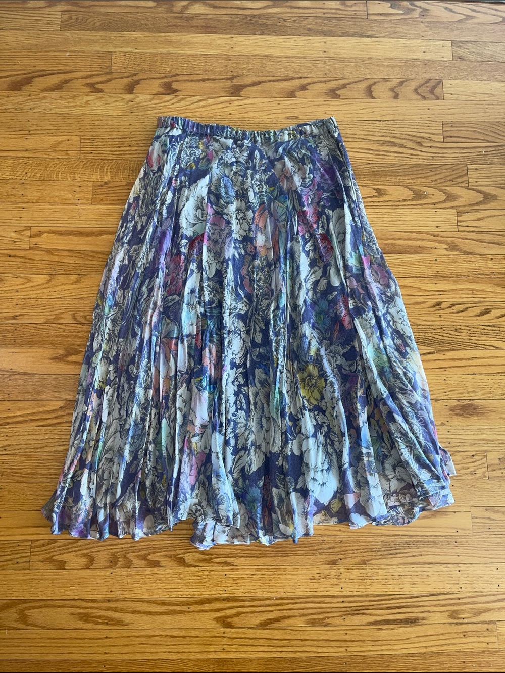 Anthropologie Floral Pleated Midi Skirt in Navy with Multi Hues